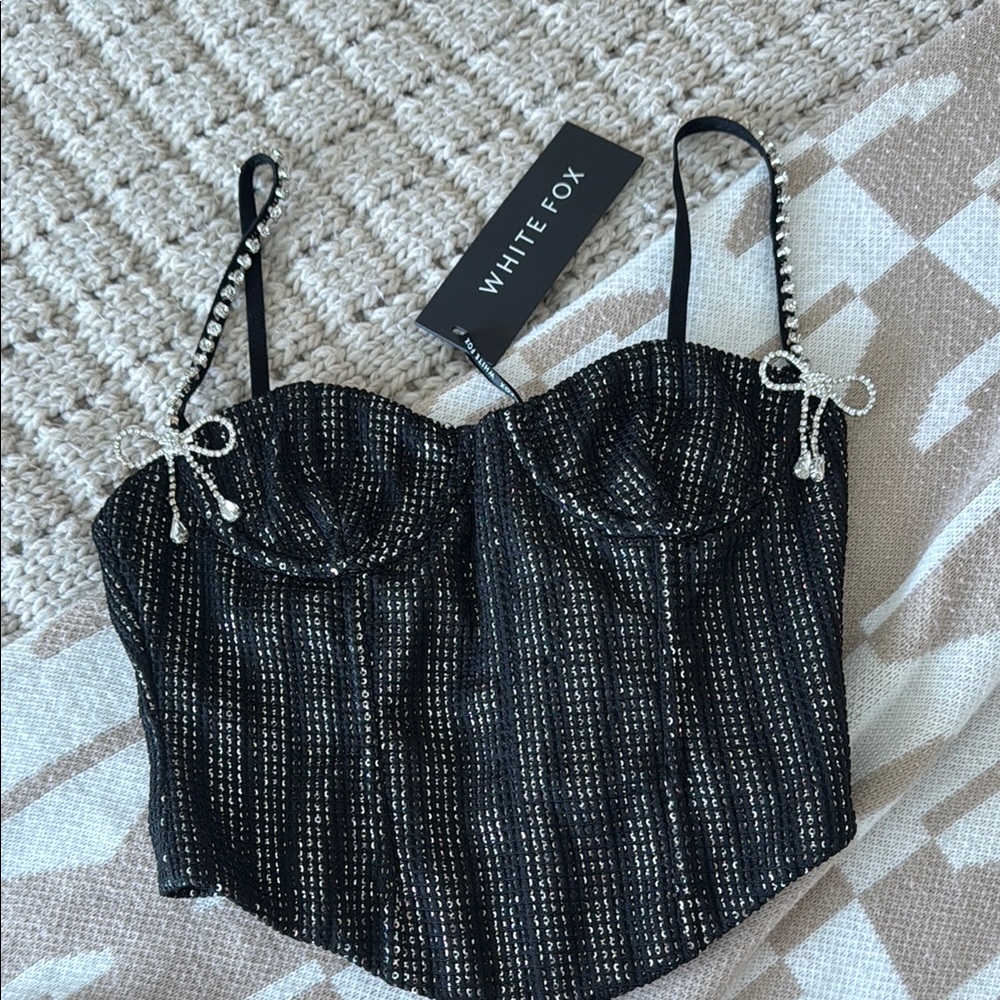 White Fox Boutique Black and Silver Beaded Top
